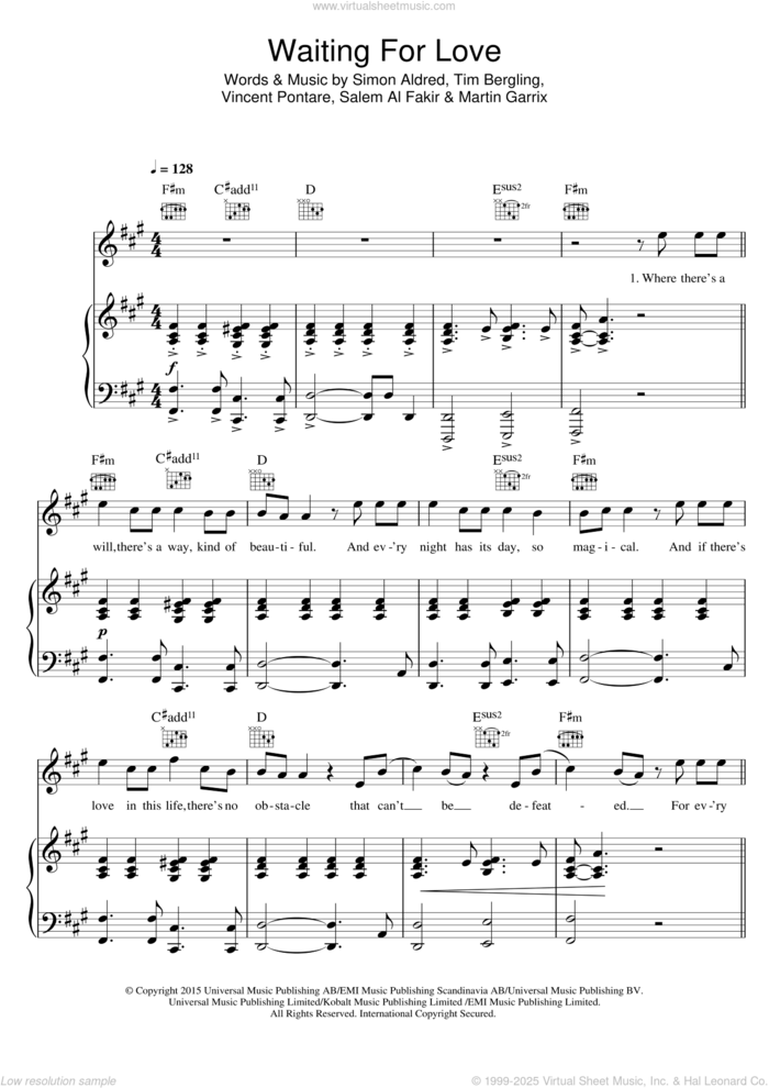 Waiting For Love sheet music for voice, piano or guitar by Avicii, Martin Garrix, Salem Al Fakir, Simon Aldred, Tim Bergling and Vincent Pontare, intermediate skill level