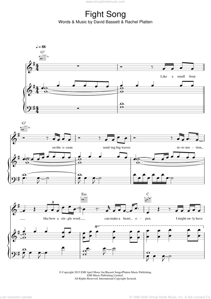 Fight Song sheet music for voice, piano or guitar by Rachel Platten and Dave Bassett, intermediate skill level