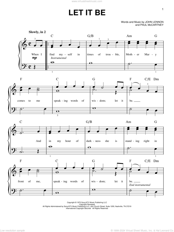 Beatles - Let It Be, (easy) sheet music for piano solo [PDF]