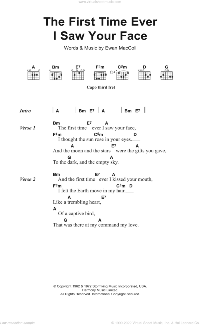 The First Time Ever I Saw Your Face sheet music for guitar (chords) by Roberta Flack, Alison Moyet and Ewan MacColl, intermediate skill level