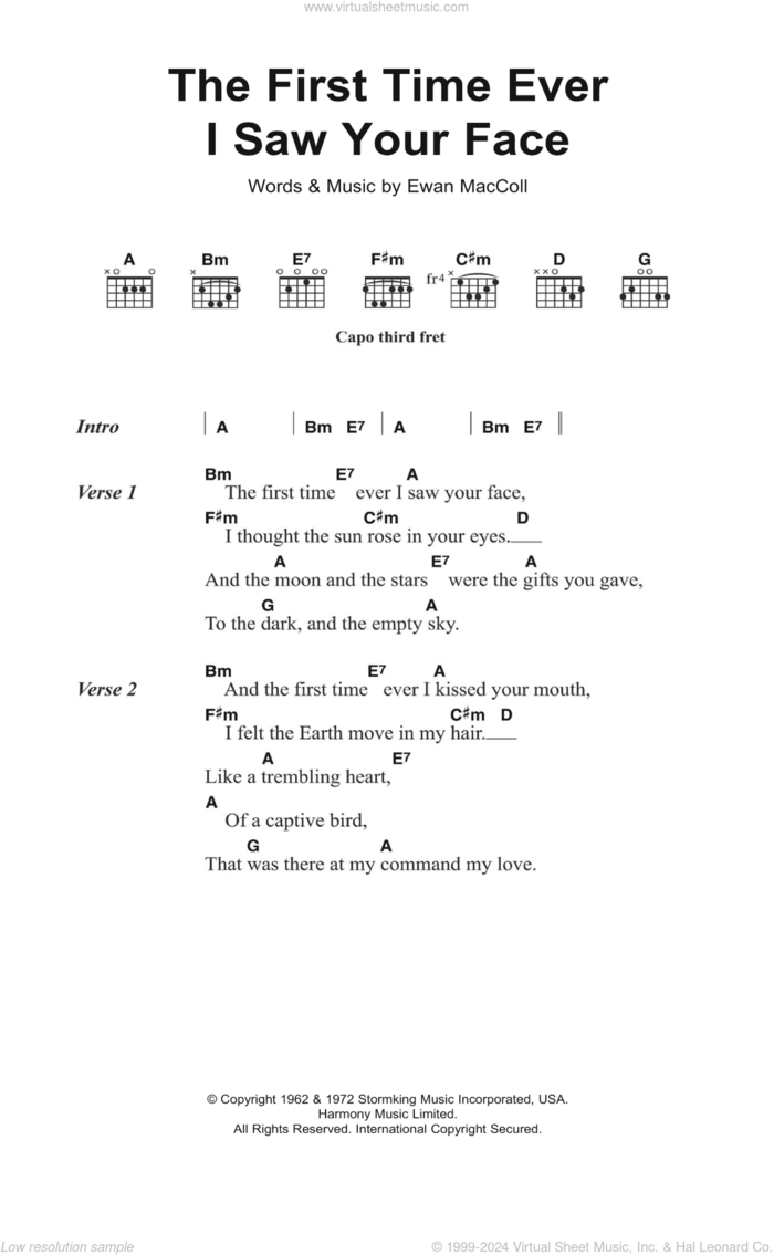 The First Time Ever I Saw Your Face sheet music for guitar (chords) by Roberta Flack, Alison Moyet and Ewan MacColl, intermediate skill level