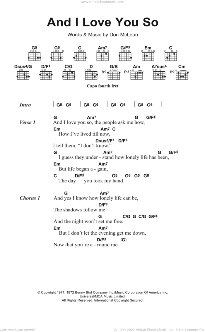 And I Love You So sheet music for guitar (chords) by Don McLean, intermediate skill level