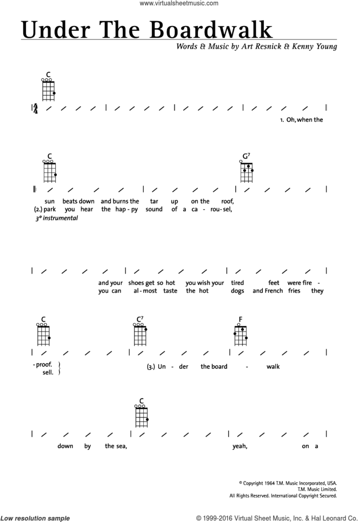 Under The Boardwalk sheet music for ukulele (chords) by The Drifters, Art Resnick and Kenny Young, intermediate skill level