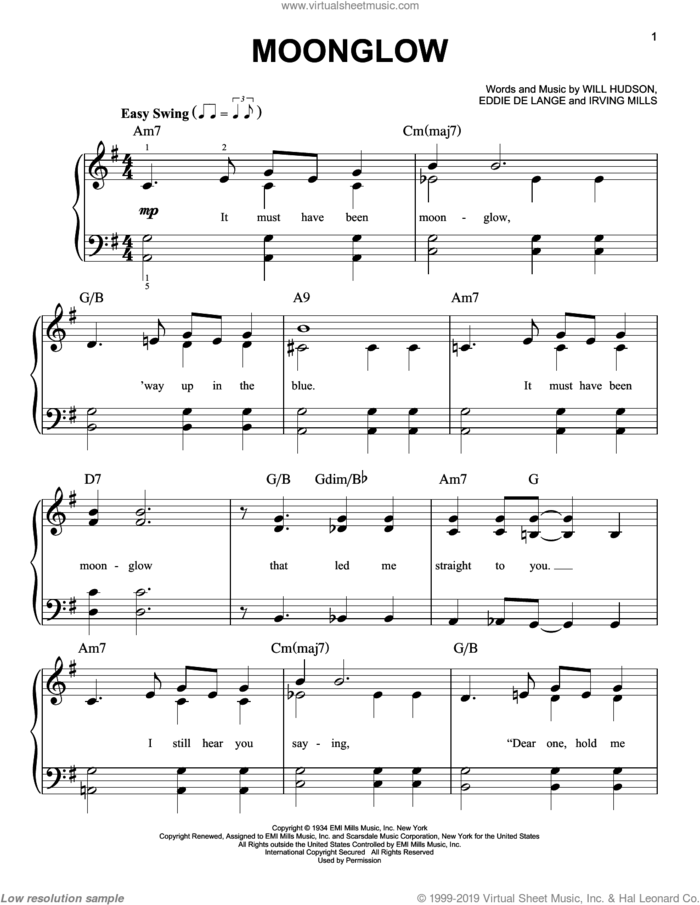 Moonglow sheet music for piano solo by Irving Mills, Eddie DeLange and Will Hudson, easy skill level