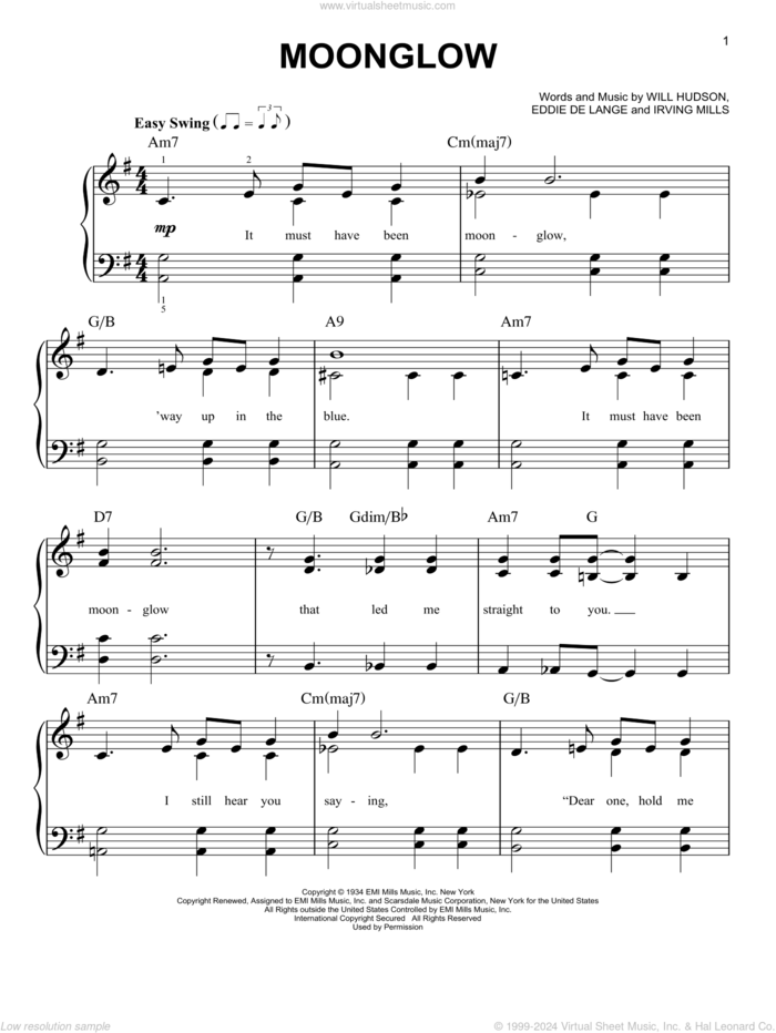 Moonglow sheet music for piano solo by Irving Mills, Eddie DeLange and Will Hudson, easy skill level