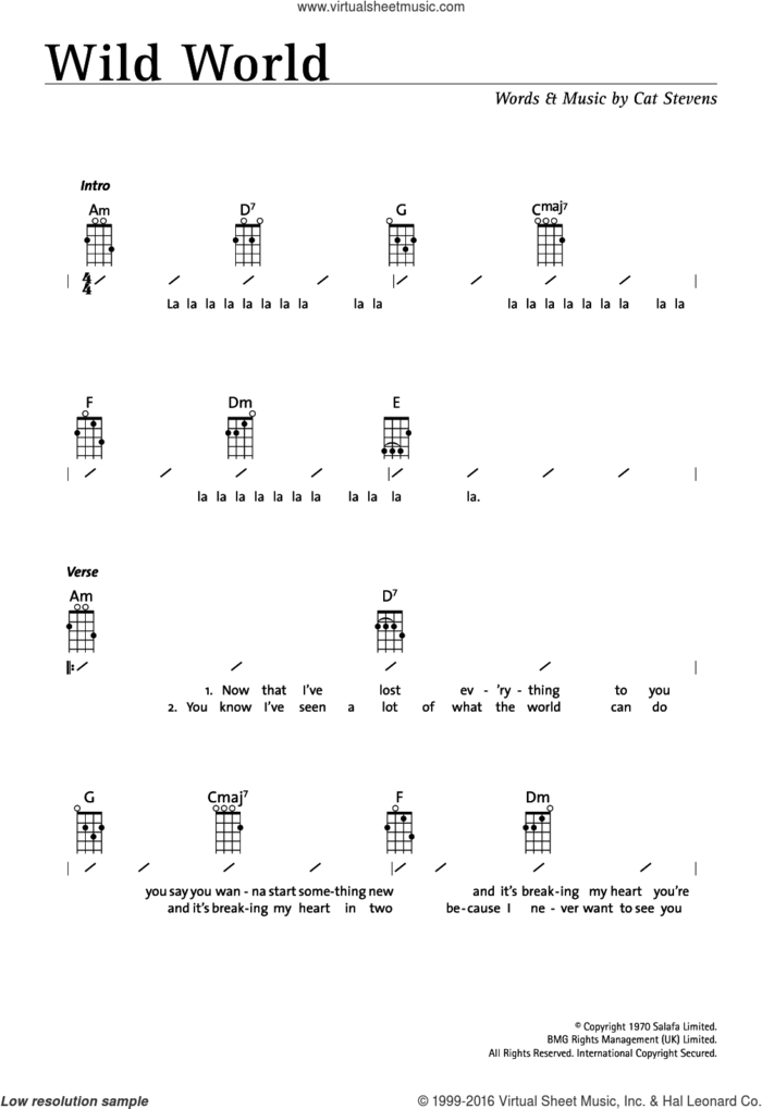 Wild World sheet music for ukulele (chords) by Cat Stevens, intermediate skill level