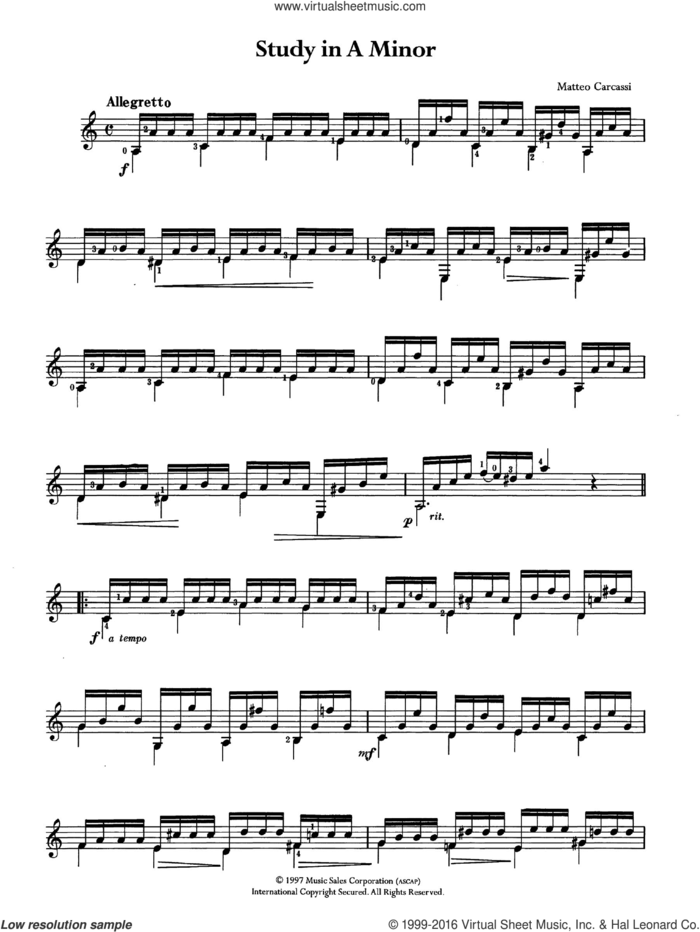 Study In A Minor sheet music for guitar solo by Matteo Carcassi, classical score, intermediate skill level