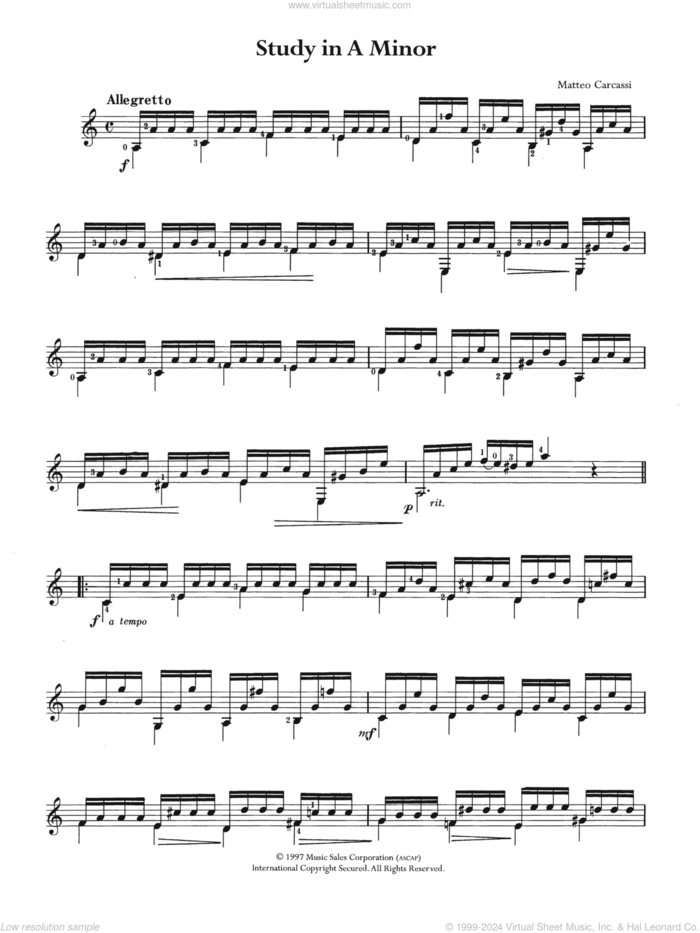 Study In A Minor sheet music for guitar solo by Matteo Carcassi, classical score, intermediate skill level