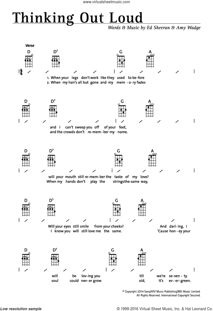 Thinking Out Loud sheet music for ukulele (chords) by Ed Sheeran and Amy Wadge, wedding score, intermediate skill level