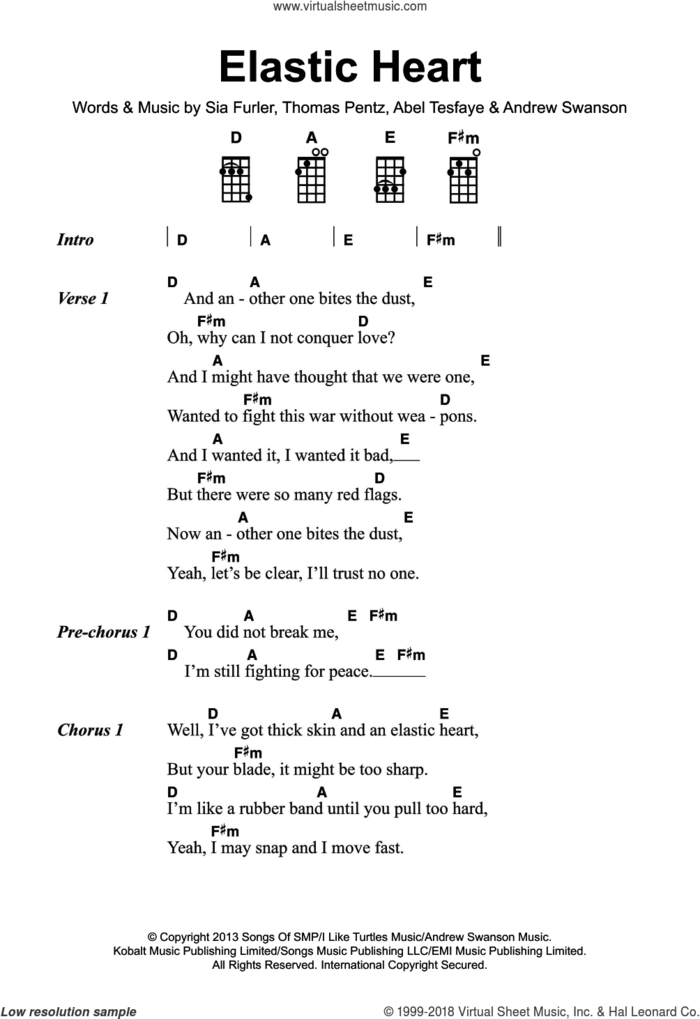 Elastic Heart sheet music for voice, piano or guitar by Sia, Abel Tesfaye, Andrew Swanson, Sia Furler and Thomas Wesley Pentz, intermediate skill level