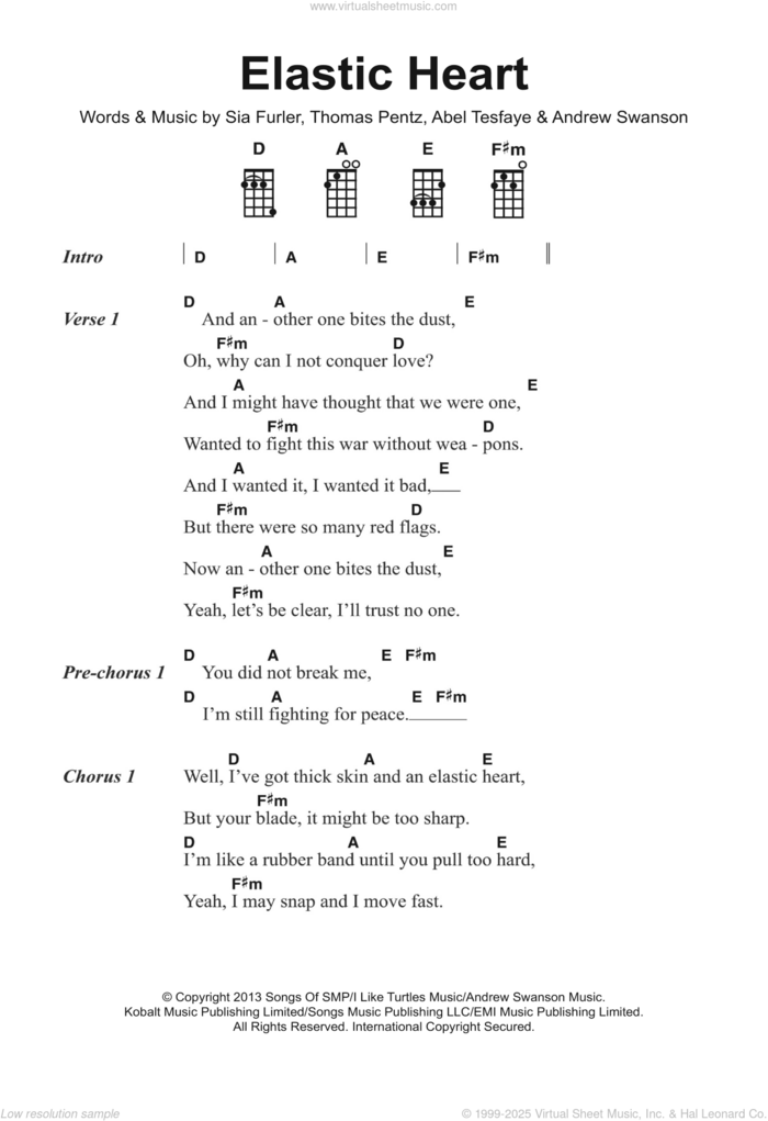 Elastic Heart sheet music for voice, piano or guitar by Sia, Abel Tesfaye, Andrew Swanson, Sia Furler and Thomas Wesley Pentz, intermediate skill level