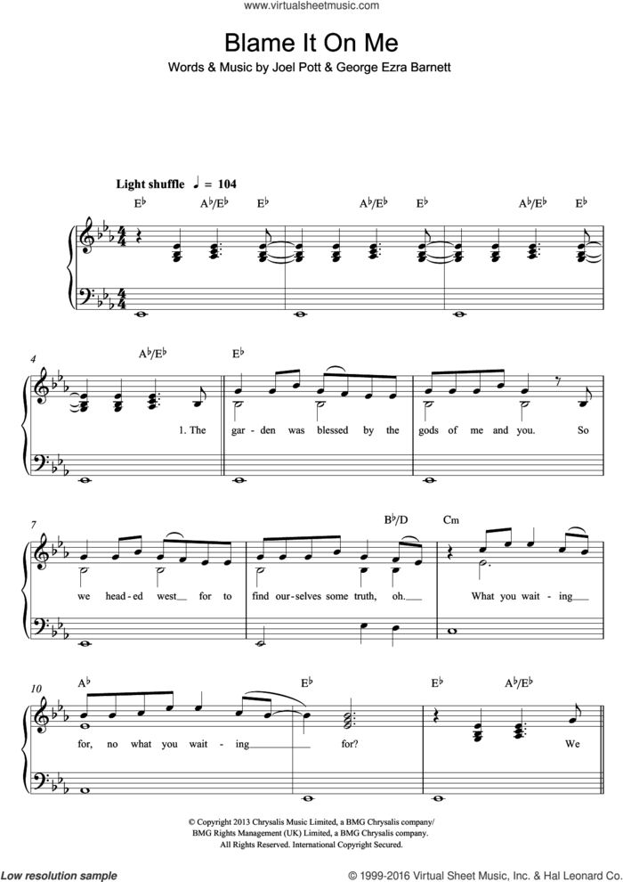 Blame It On Me sheet music for piano solo by George Ezra, George Ezra Barnett and Joel Pott, easy skill level