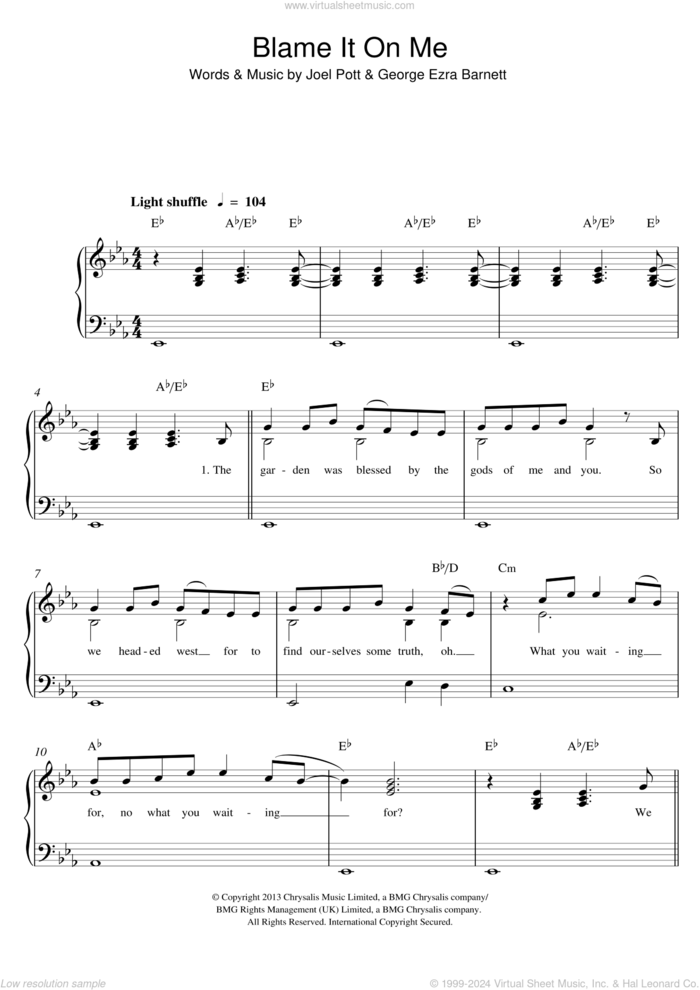 Blame It On Me sheet music for piano solo by George Ezra, George Ezra Barnett and Joel Pott, easy skill level