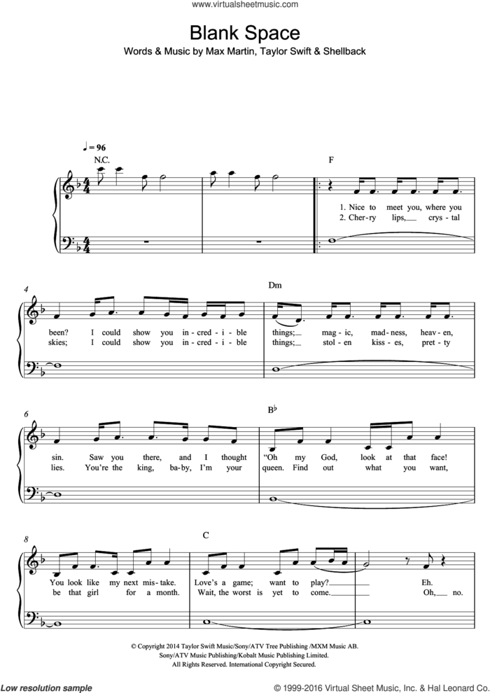 Blank Space sheet music for piano solo by Taylor Swift, Max Martin and Shellback, easy skill level
