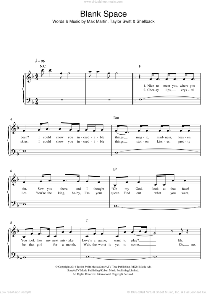 Blank Space sheet music for piano solo by Taylor Swift, Max Martin and Shellback, easy skill level