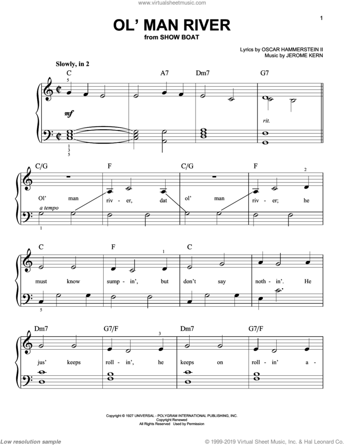 Ol' Man River sheet music for piano solo by Jerome Kern, Show Boat (Musical) and Oscar II Hammerstein, beginner skill level