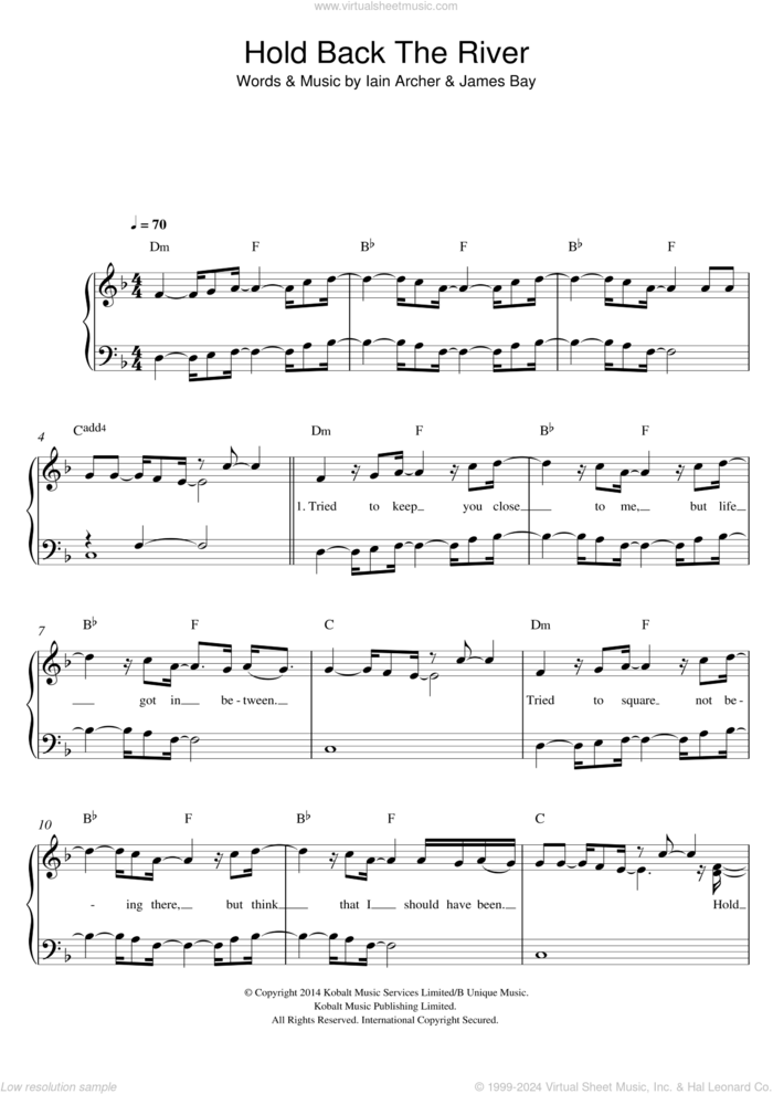 Hold Back The River, (easy) sheet music for piano solo by James Bay and Iain Archer, easy skill level