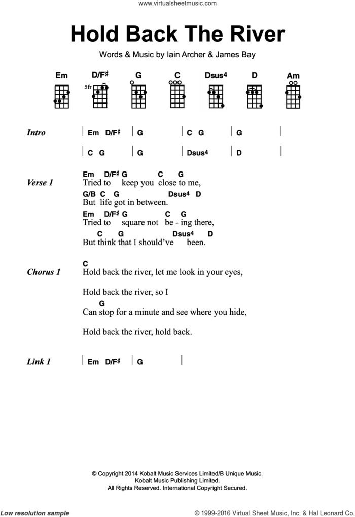 Hold Back The River sheet music for voice, piano or guitar by James Bay and Iain Archer, intermediate skill level