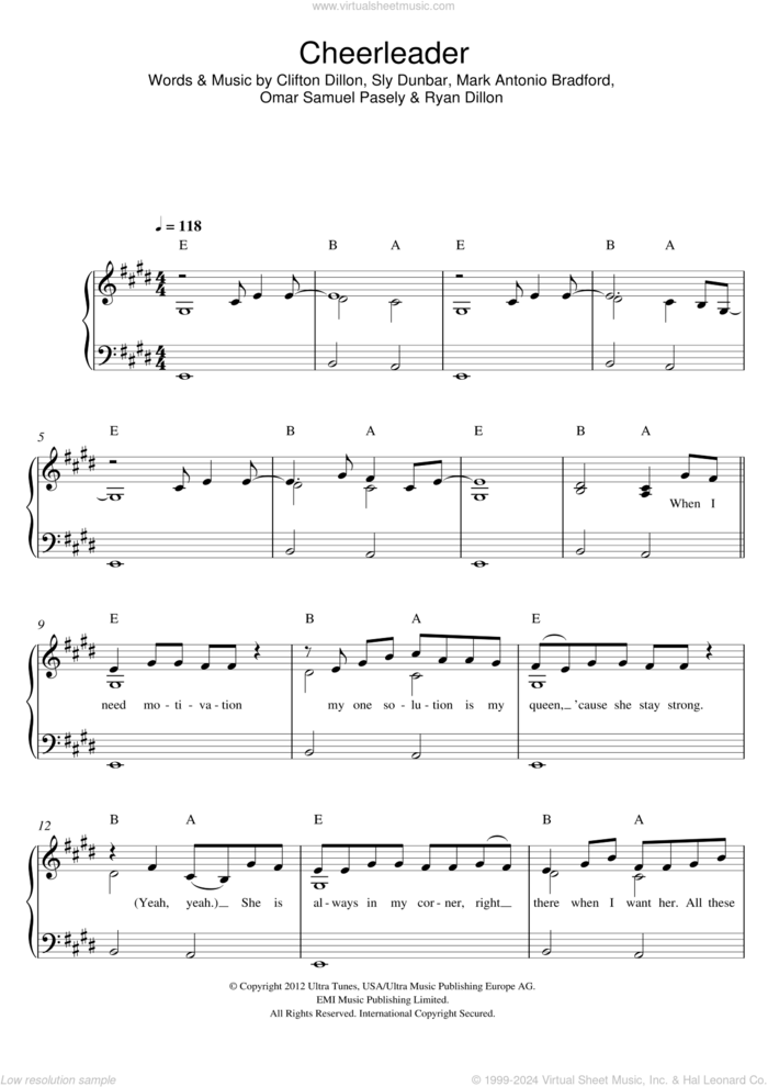 Cheerleader sheet music for piano solo by Omi, Clifton Dillon, Mark Antonio Bradford, Omar Samuel Pasely, Ryan Dillon and Sly Dunbar, easy skill level