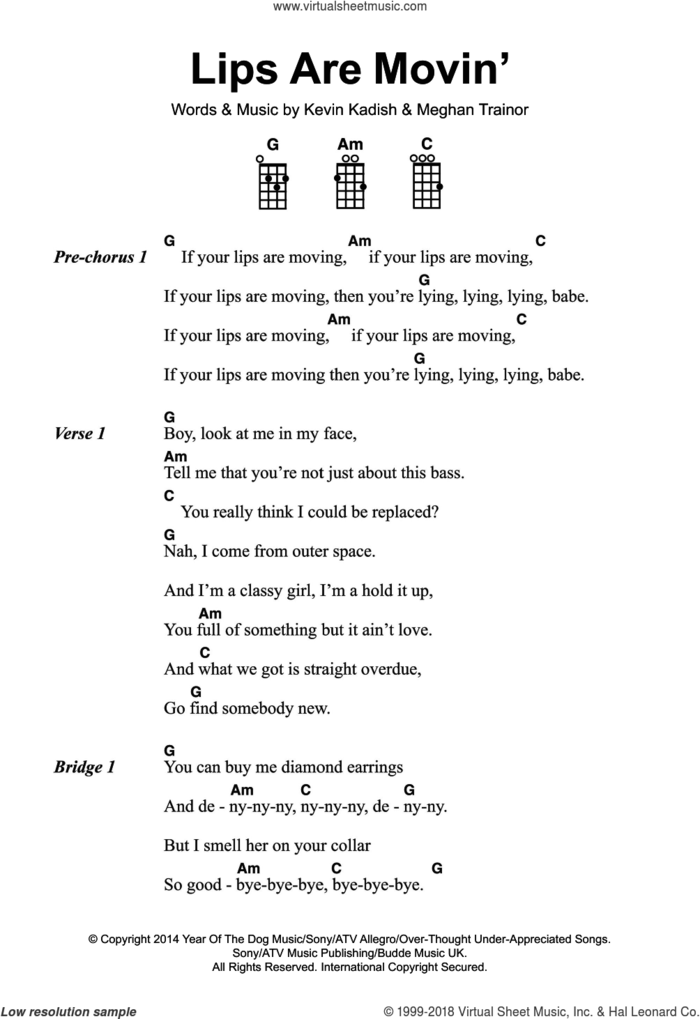 Lips Are Movin' sheet music for voice, piano or guitar by Meghan Trainor and Kevin Kadish, intermediate skill level
