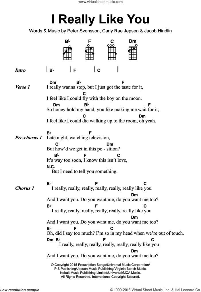 I Really Like You sheet music for voice, piano or guitar by Carly Rae Jepsen, Jacob Hindlin and Peter Svensson, intermediate skill level
