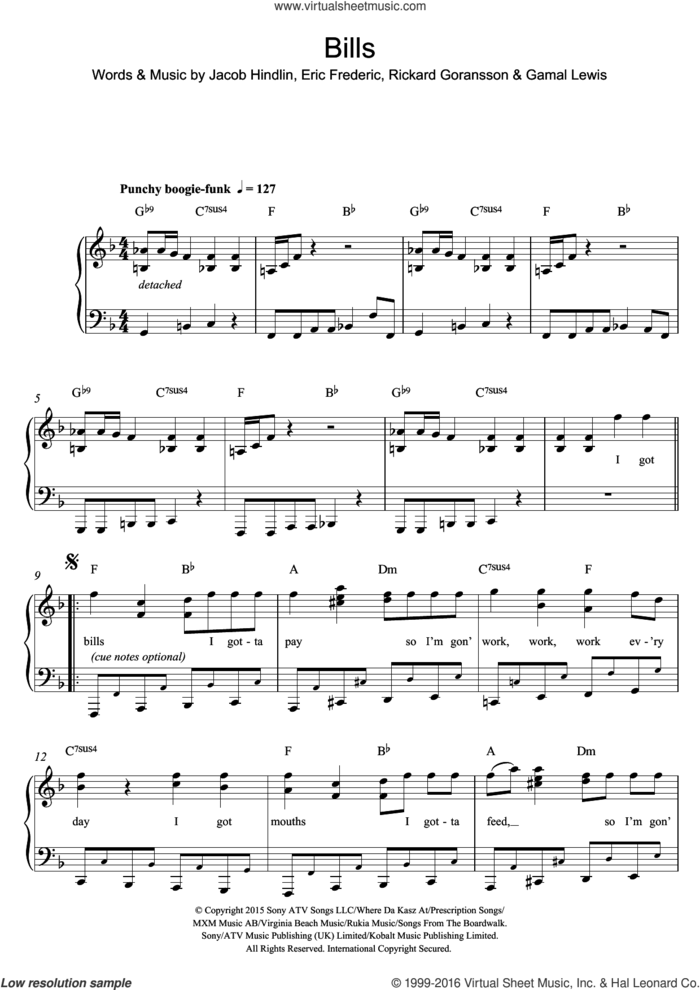 Bills, (easy) sheet music for piano solo by LunchMoney Lewis, Eric Frederic, Gamal Lewis, Jacob Hindlin and Rickard Goransson, easy skill level