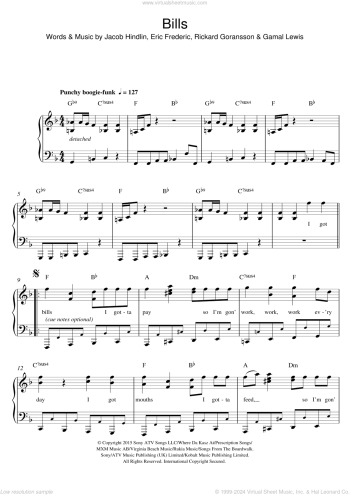 Bills sheet music for piano solo by LunchMoney Lewis, Eric Frederic, Gamal Lewis, Jacob Hindlin and Rickard Goransson, easy skill level