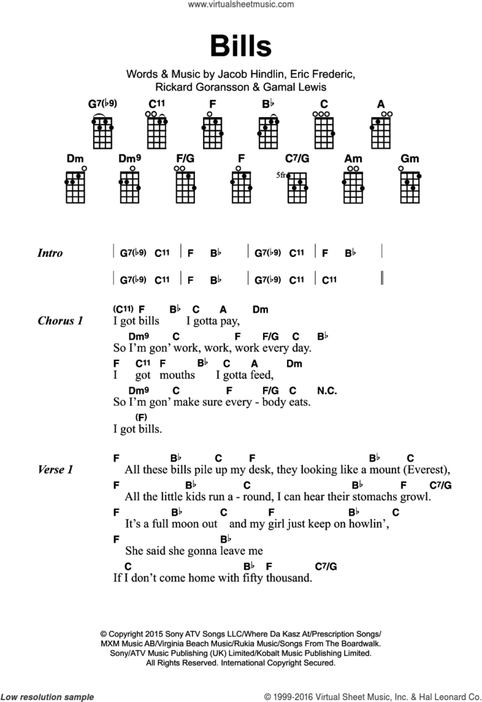 Bills sheet music for voice, piano or guitar by LunchMoney Lewis, Eric Frederic, Gamal Lewis, Jacob Hindlin and Rickard Goransson, intermediate skill level