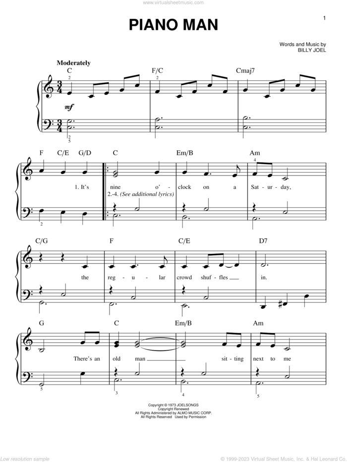 Piano Man, (beginner) sheet music for piano solo by Billy Joel, beginner skill level