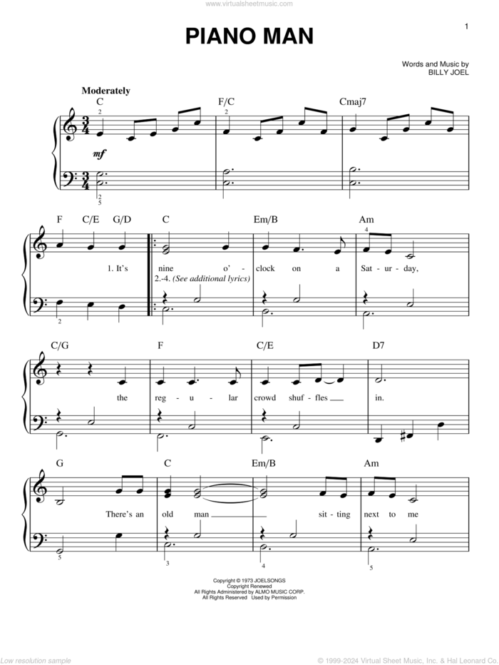 Piano Man, (beginner) sheet music for piano solo by Billy Joel, beginner skill level