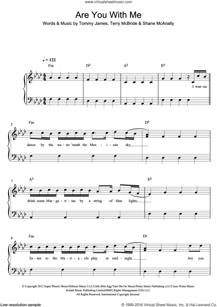 Are You With Me sheet music for piano solo by Lost Frequencies, Shane McAnally, Terry McBride and Tommy James, easy skill level