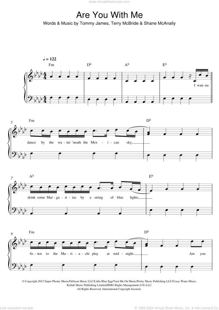 Are You With Me sheet music for piano solo by Lost Frequencies, Shane McAnally, Terry McBride and Tommy James, easy skill level