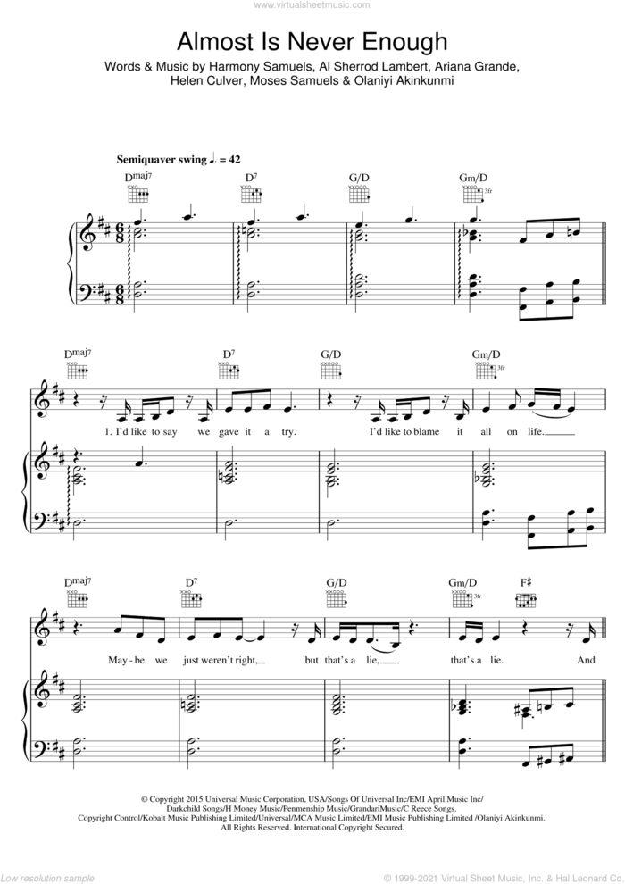Almost Is Never Enough (featuring Nathan Sykes) sheet music for voice, piano or guitar by Ariana Grande, Nathan Sykes, Al Sherrod Lambert, Harmony Samuels, Helen Culver, Moses Samuels and Olaniyi Akinkunmi, intermediate skill level