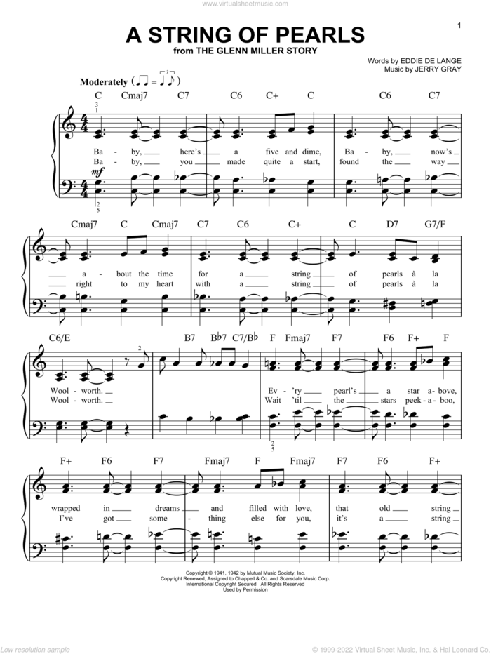 A String Of Pearls sheet music for piano solo by Eddie DeLange and Jerry Gray, easy skill level