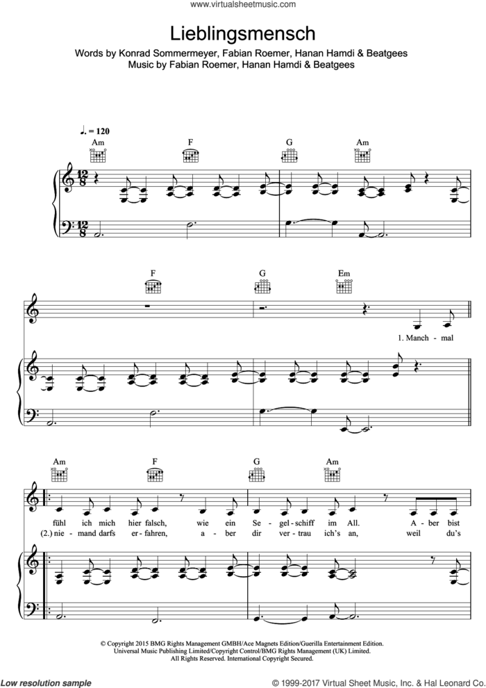 Lieblingsmensch sheet music for voice, piano or guitar by Namika, Beatgees, Fabian Roemer, Hanan Hamdi and Konrad Sommermeyer, intermediate skill level