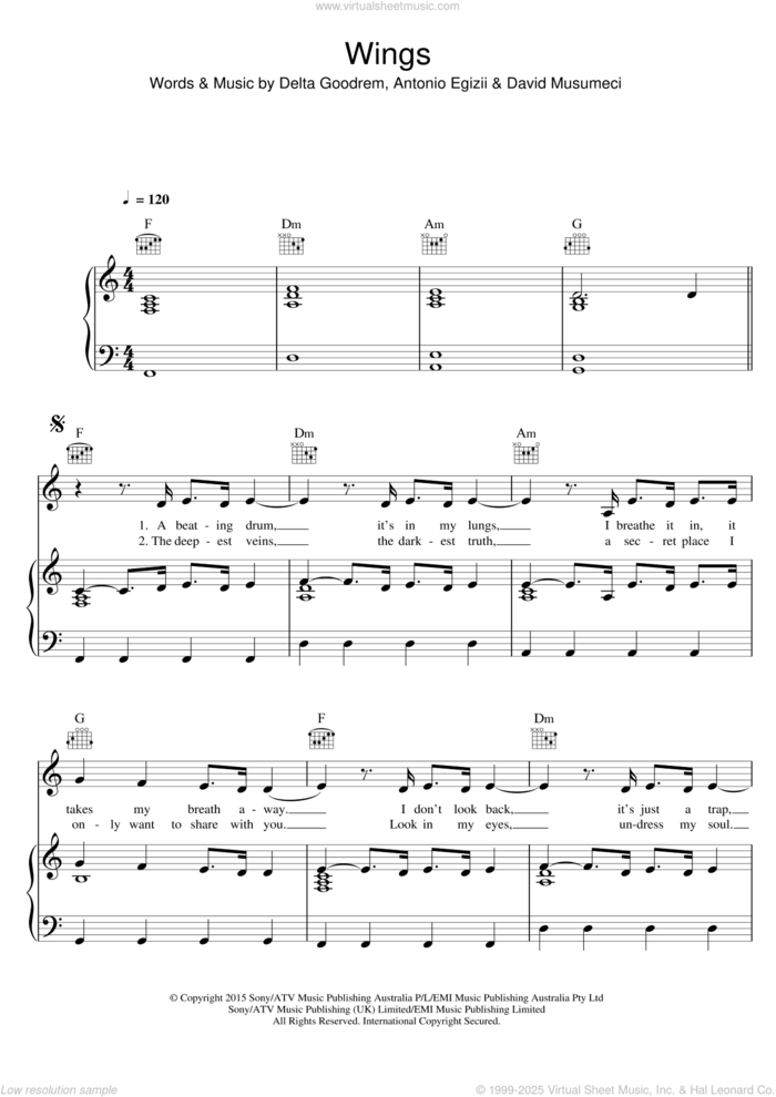 Wings sheet music for voice, piano or guitar by Delta Goodrem, Antonio Egizii and David Musumeci, intermediate skill level