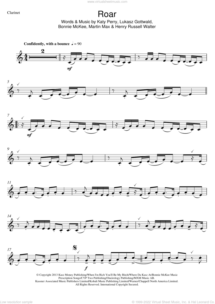 Roar sheet music for clarinet solo by Katy Perry, Bonnie McKee, Henry Russell Walter, Lukasz Gottwald and Martin Max, intermediate skill level