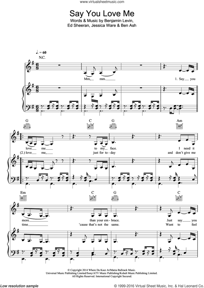 Say You Love Me sheet music for voice, piano or guitar by Jessie Ware, Ben Ash, Benjamin Levin, Ed Sheeran and Jessica Ware, intermediate skill level