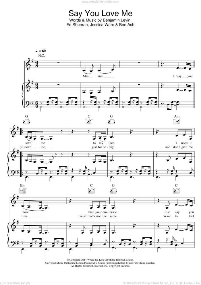 Say You Love Me sheet music for voice, piano or guitar by Jessie Ware, Ben Ash, Benjamin Levin, Ed Sheeran and Jessica Ware, intermediate skill level