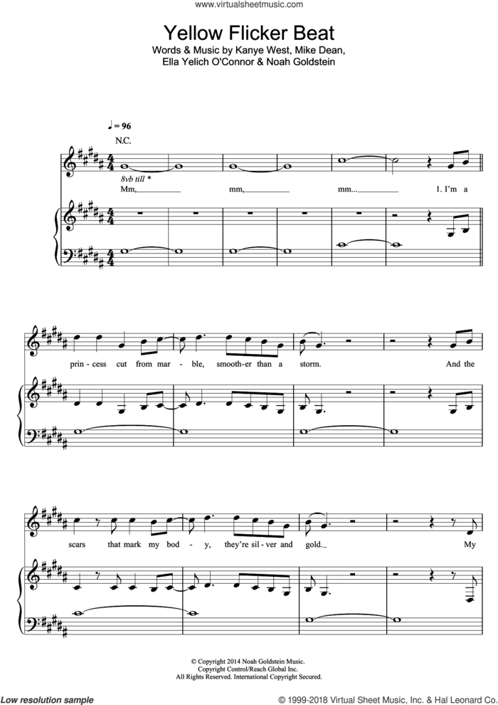 Yellow Flicker Beat sheet music for voice, piano or guitar by Lorde, Kanye West, Mike Dean and Noah Goldstein, intermediate skill level