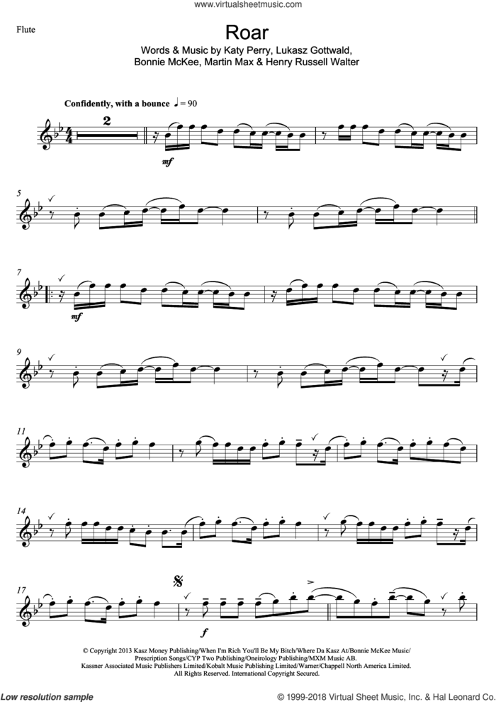 Roar sheet music for flute solo by Katy Perry, Bonnie McKee, Henry Russell Walter, Lukasz Gottwald and Martin Max, intermediate skill level