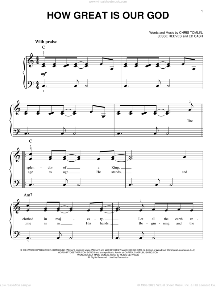 How Great Is Our God, (easy) sheet music for piano solo by Chris Tomlin, Ed Cash and Jesse Reeves, easy skill level