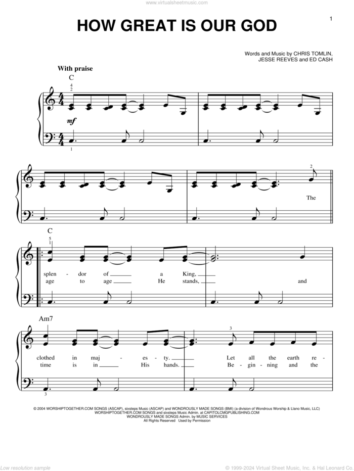 How Great Is Our God, (easy) sheet music for piano solo by Chris Tomlin, Ed Cash and Jesse Reeves, easy skill level