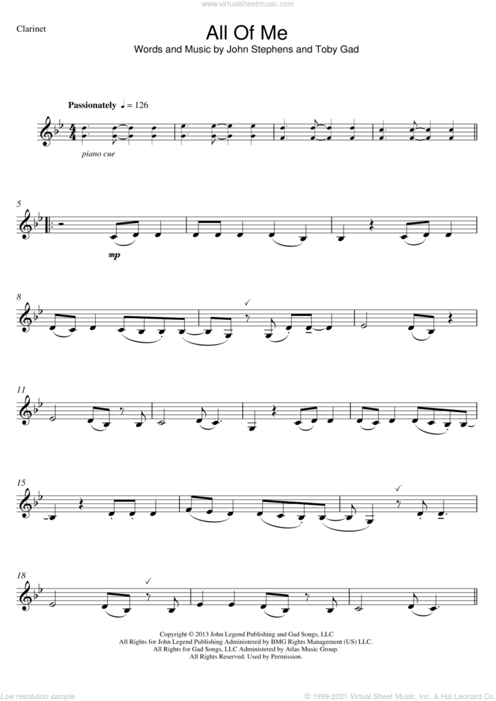 All Of Me sheet music for clarinet solo by John Legend and Toby Gad, intermediate skill level