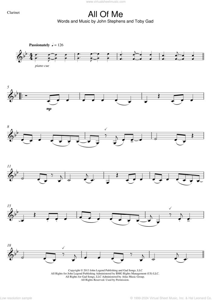 All Of Me sheet music for clarinet solo by John Legend and Toby Gad, wedding score, intermediate skill level