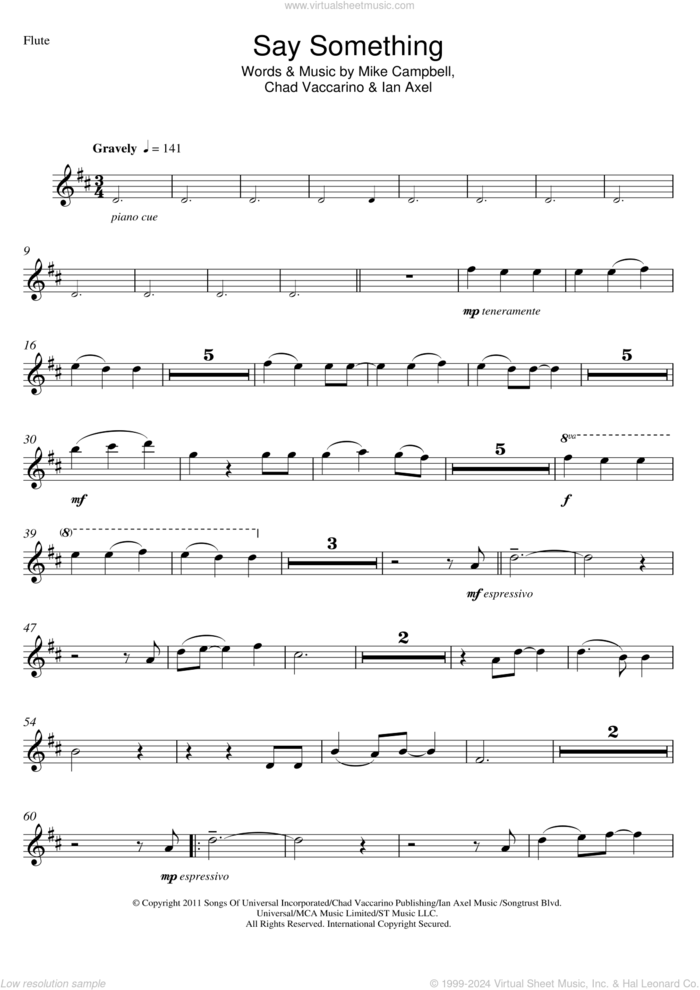 Say Something sheet music for flute solo by A Great Big World, Christina Aguilera, Chad Vaccarino, Ian Axel and Mike Campbell, intermediate skill level