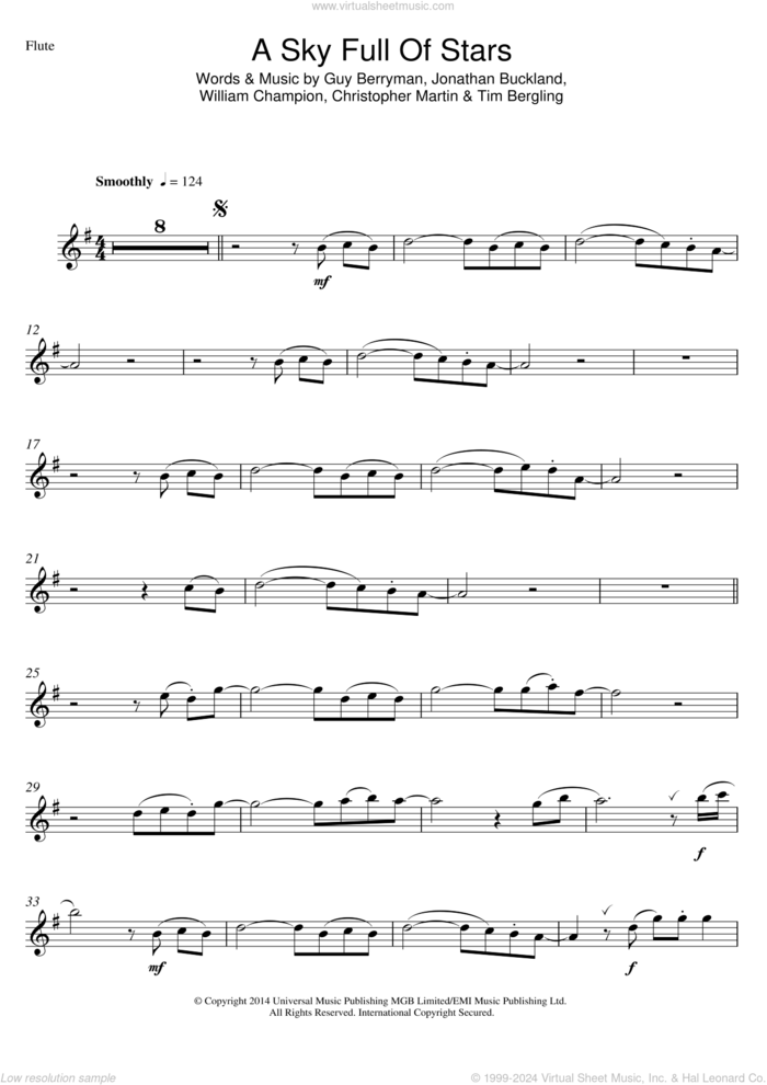 A Sky Full Of Stars sheet music for flute solo by Coldplay, Christopher Martin, Guy Berryman, Jonathan Buckland, Tim Bergling and William Champion, wedding score, intermediate skill level