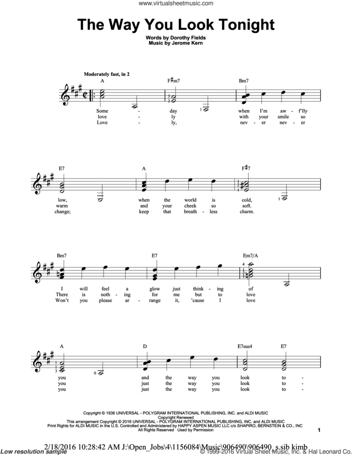 The Way You Look Tonight sheet music for guitar solo (chords) by Jerome Kern and Dorothy Fields, wedding score, easy guitar (chords)