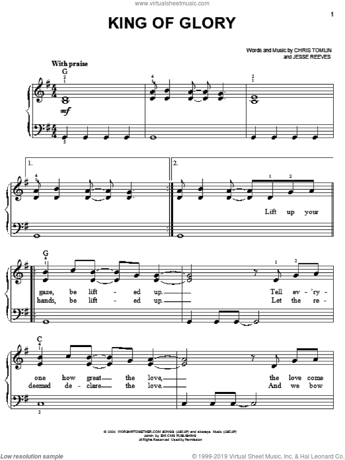 King Of Glory sheet music for piano solo by Chris Tomlin and Jesse Reeves, easy skill level
