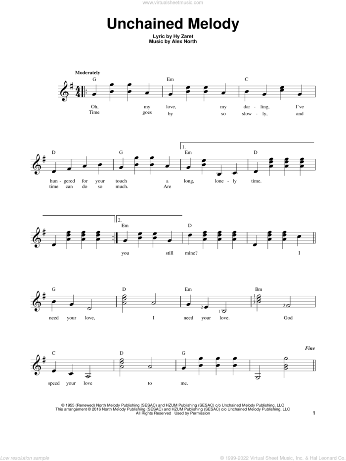 Unchained Melody sheet music for guitar solo (chords) by The Righteous Brothers, wedding score, easy guitar (chords)